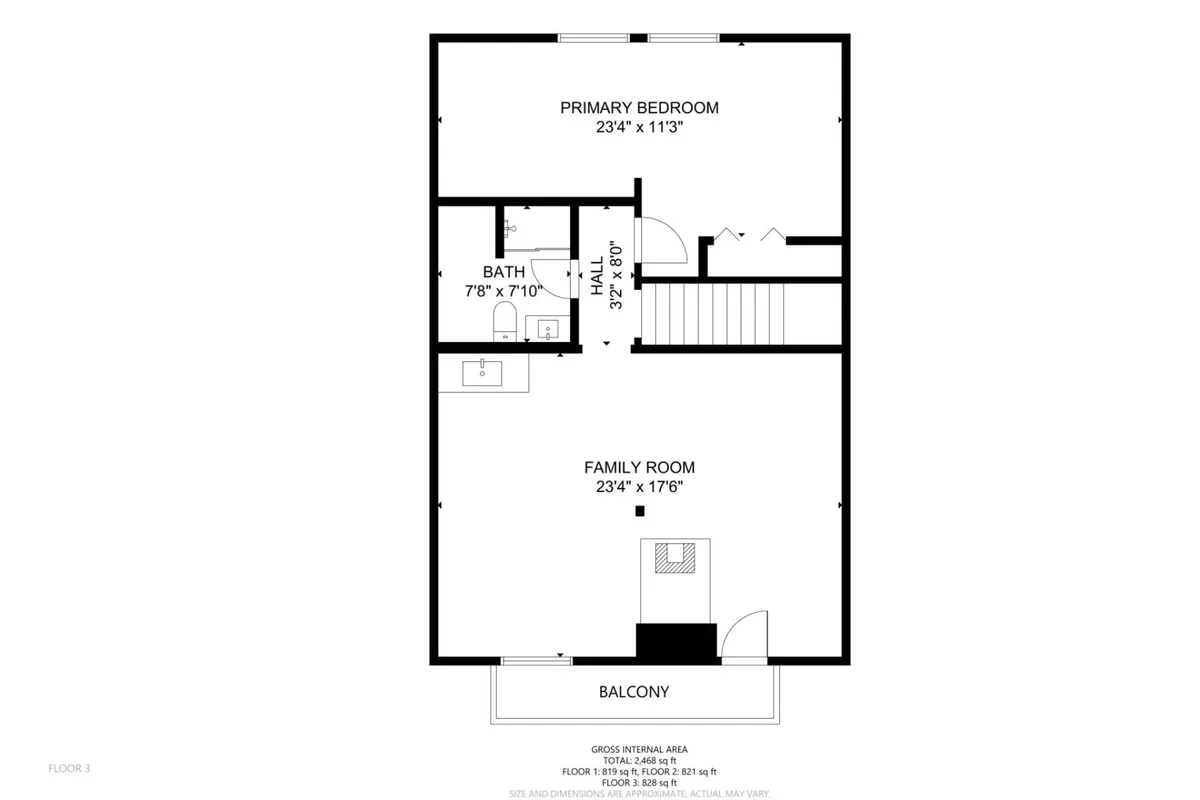 A bright, inviting primary bedroom with a plush bed, large windows letting in natural light, a cozy family room in the background, and a private balcony connected to the space. The bathroom is also visible, suggesting ensuite access.